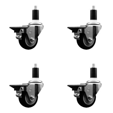 Service Caster 3'' Black Poly Swivel 1-3/8'' Expanding Stem Caster Set with Brake, 4PK SCC-EX20S314-PPUB-BLK-PLB-138-4
